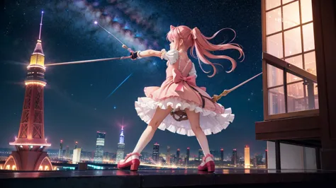 a girl on the top of a skyscraper,  looking at viewer, blush, sky, night, starry sky, galaxy, outdoors, cityscape, full body, bo...