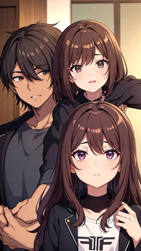 a son of kazutora together with a woman with dark brown hair, brown skin, dark eyes, long wavy hair with two lilac streaks