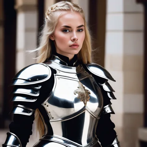 woman knight, silver armor, beautiful face, portrait character photo, determined facial expression, stern strong woman, (blonde)