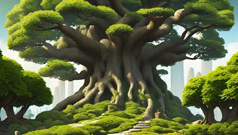 giant magical tree, the sixe of half the planet, (super tall), taller than all the other trees, white leaves, overshadowing vill...