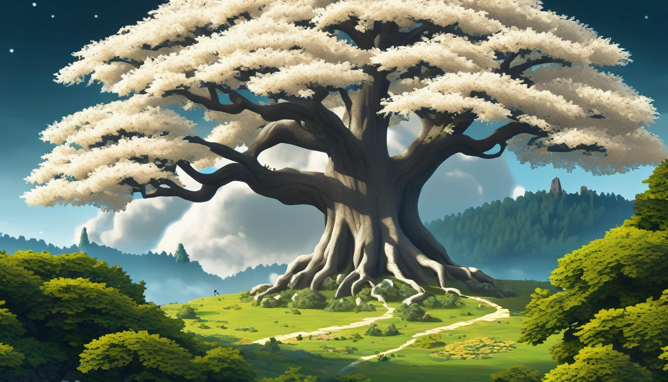 giant magical tree, the sixe of half the planet, (super tall), taller than all the other trees, white leaves, overshadowing village