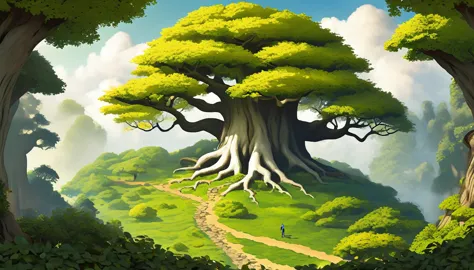 giant magical tree, the sixe of half the planet, (super tall), taller than all the other trees, white leaves, overshadowing vill...