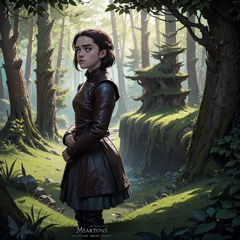 cinematic poster, centered art, high angle view, 1 girl, ((alone)), (((alone un personaje))),  arya stark stand, forest, game of...