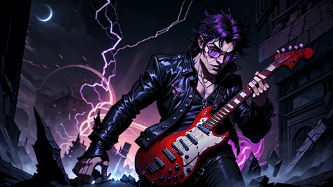 create a surreal and haunting high fantasy image of a male lobisomen using dark glasses in a rockstar jacket, "kaelin darkshadow...