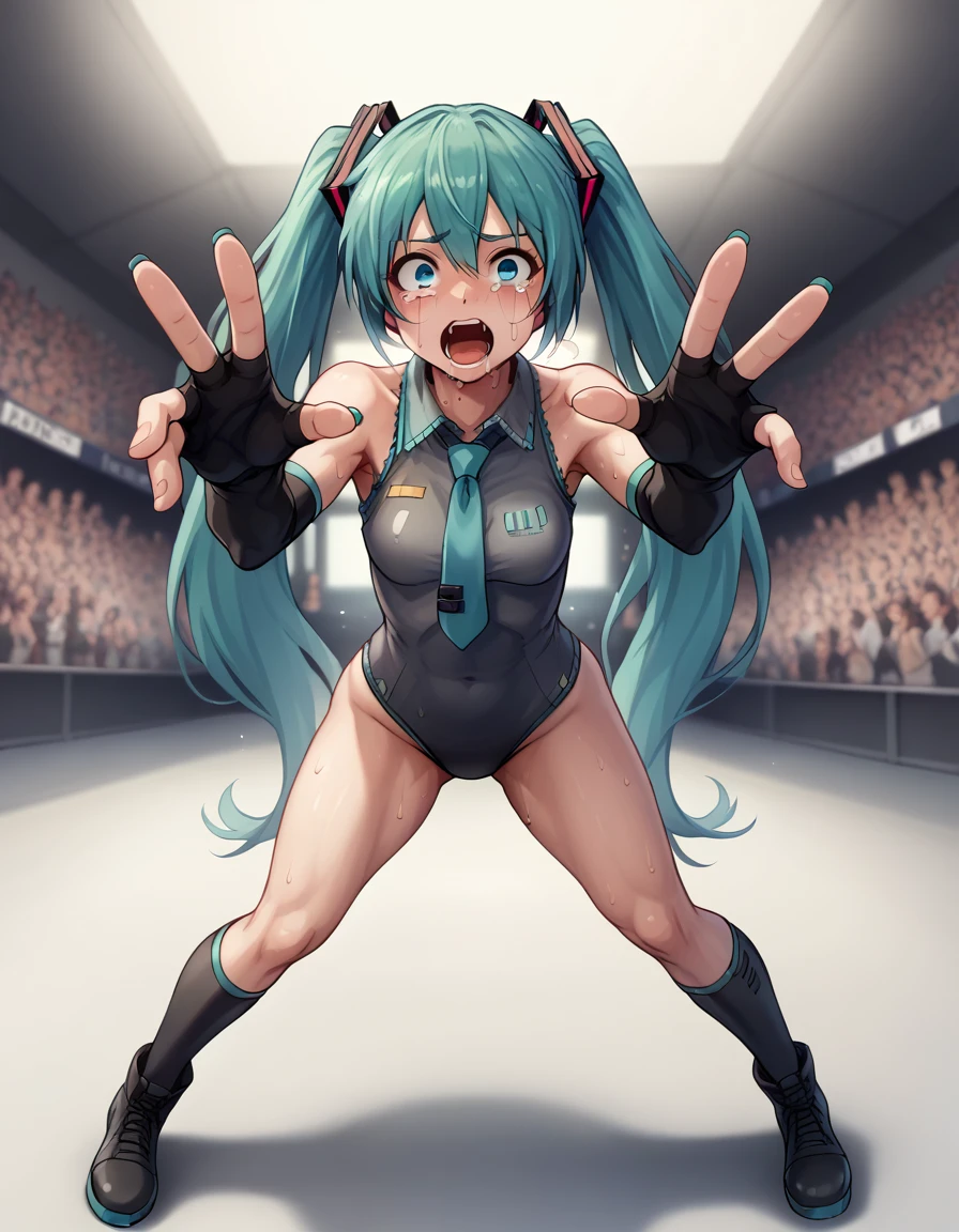 Hatsune Miku, A bodysuit worn under clothing, Fingerless gloves, leotard, Removable sleeves、Photographed with a smartphone、、、Escape to, score_9, score_8_superior, score_7_superior, score_6_superior, score_5_superior, score_4_superior、Inspired by Japanese manga style, Manga style, How to draw manga, Digital drawing, An 8K masterpiece depicting a Japanese manga about girls in their twenties, Act as a slave, Anguished expression, A gesture of defeat,  . She is crying and screaming. , shortness of breath, , close your eyes, fatigue, Sweaty. . My open fingers are rough. whole body. . Six Pack Abs. . information. Surrounded by a crowd.full body