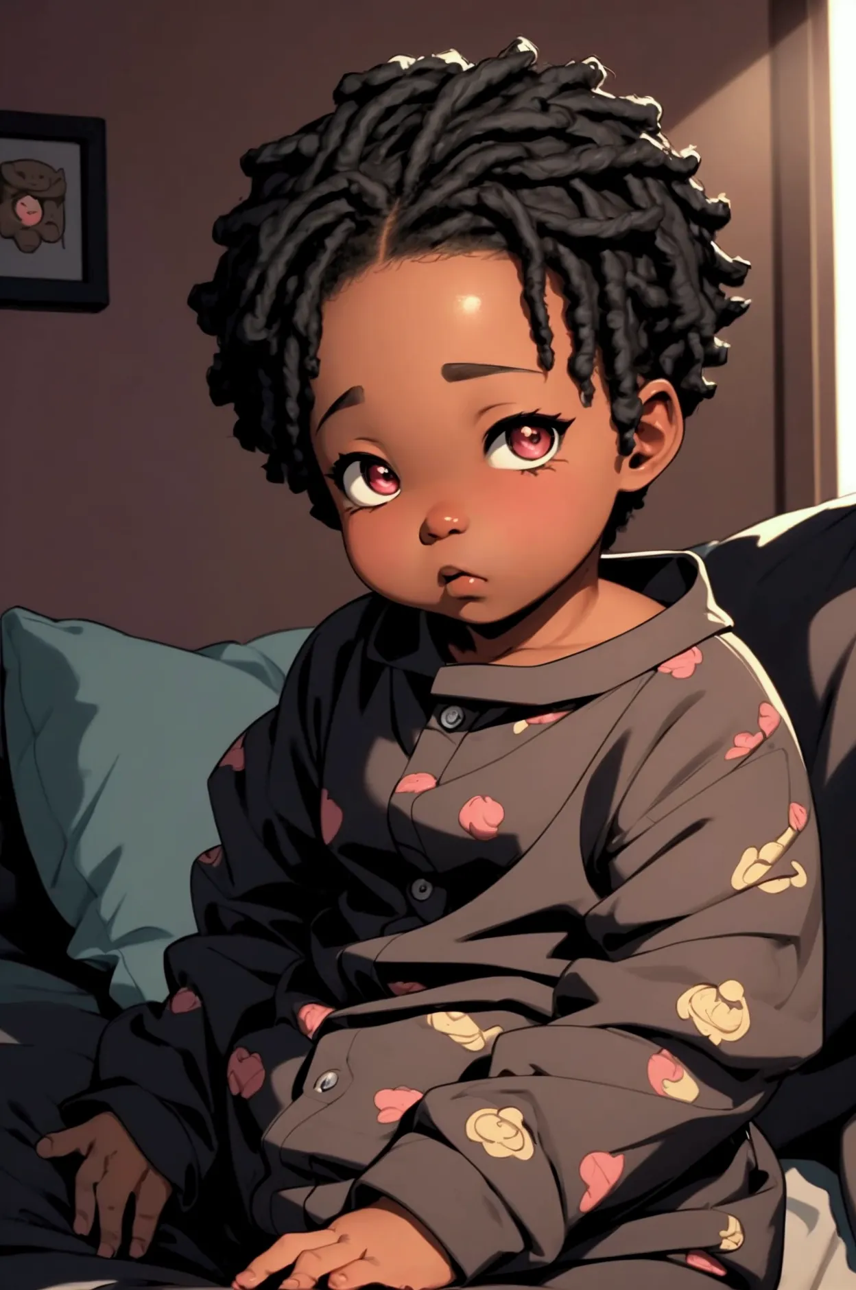 a cute black boy in pajamas, chubby cheeks, big eyes, adorable, digital art, character design, highly detailed, 4k, 8k, photorea...