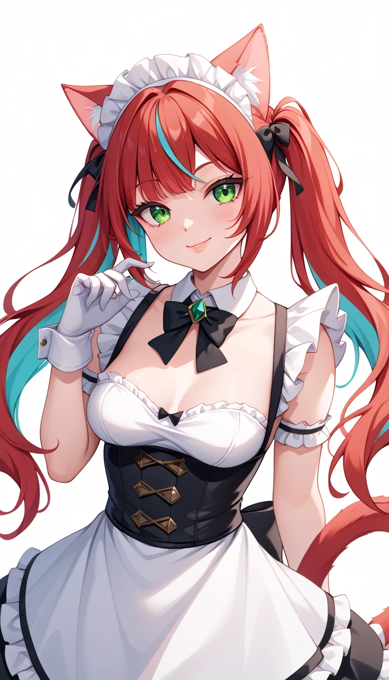 1 Girl, Medium Breasts, Blue and Red Hair, Two Tone Hair, Neon Cyan Highlights In Hair, Twintail Hair Style, Long Hair, Emerald Green Eyes, Pale Skin, Smooth Skin, Soft Features, Nice Lips, Nice Smile, Cute Face, White Dress, Cat Girl, Neko, Cat Ears, Cat Tail, Maid Costume, White gloves, 