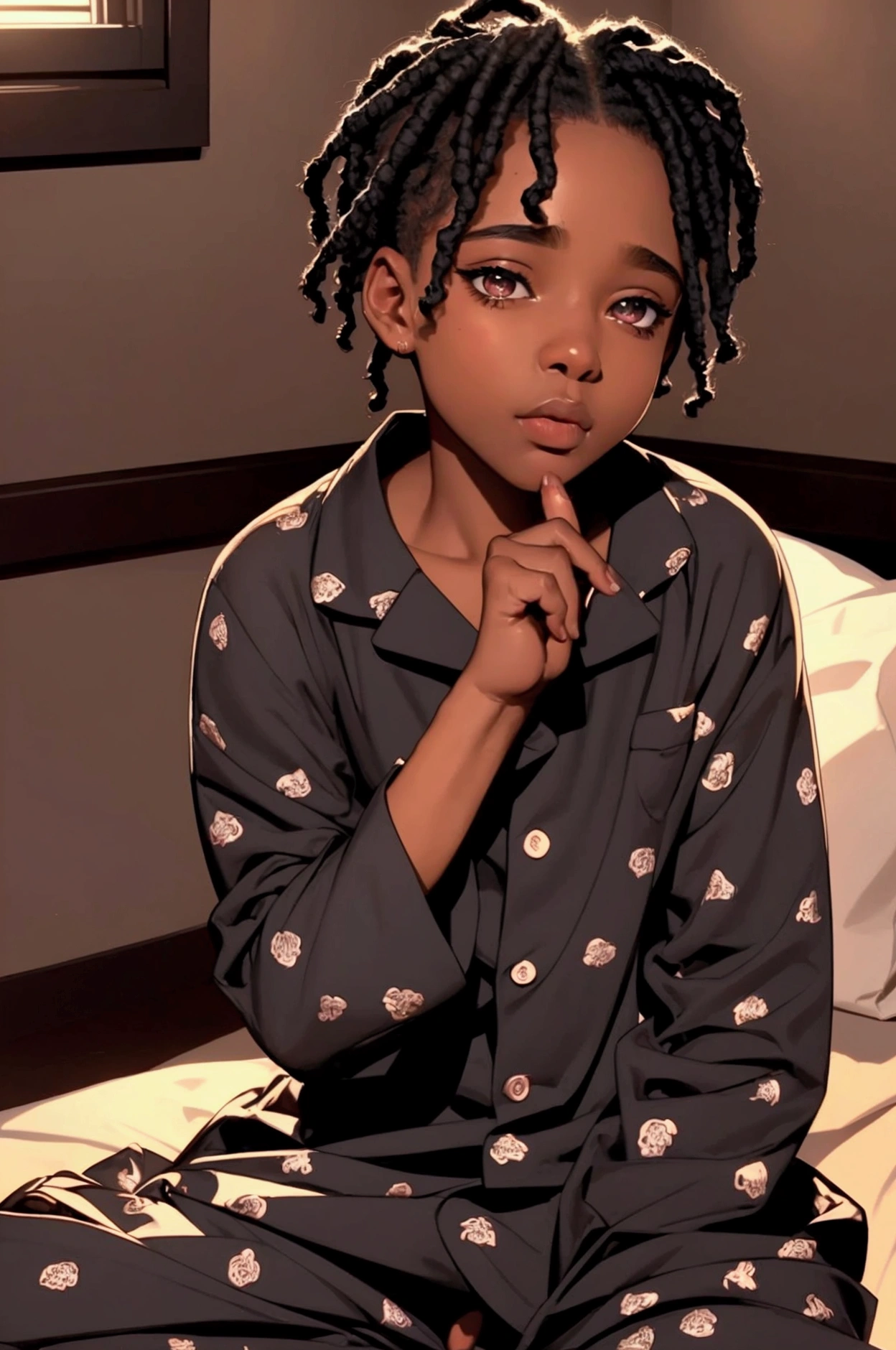 a cute black boy in pajamas, 1 boy, beautiful detailed eyes, beautiful detailed lips, extremely detailed face, long eyelashes, cute innocent expression, pajamas, cozy interior, soft lighting, warm colors, detailed environment, photorealistic, highly detailed, 8K, masterpiece, cinematic lighting, dramatic lighting