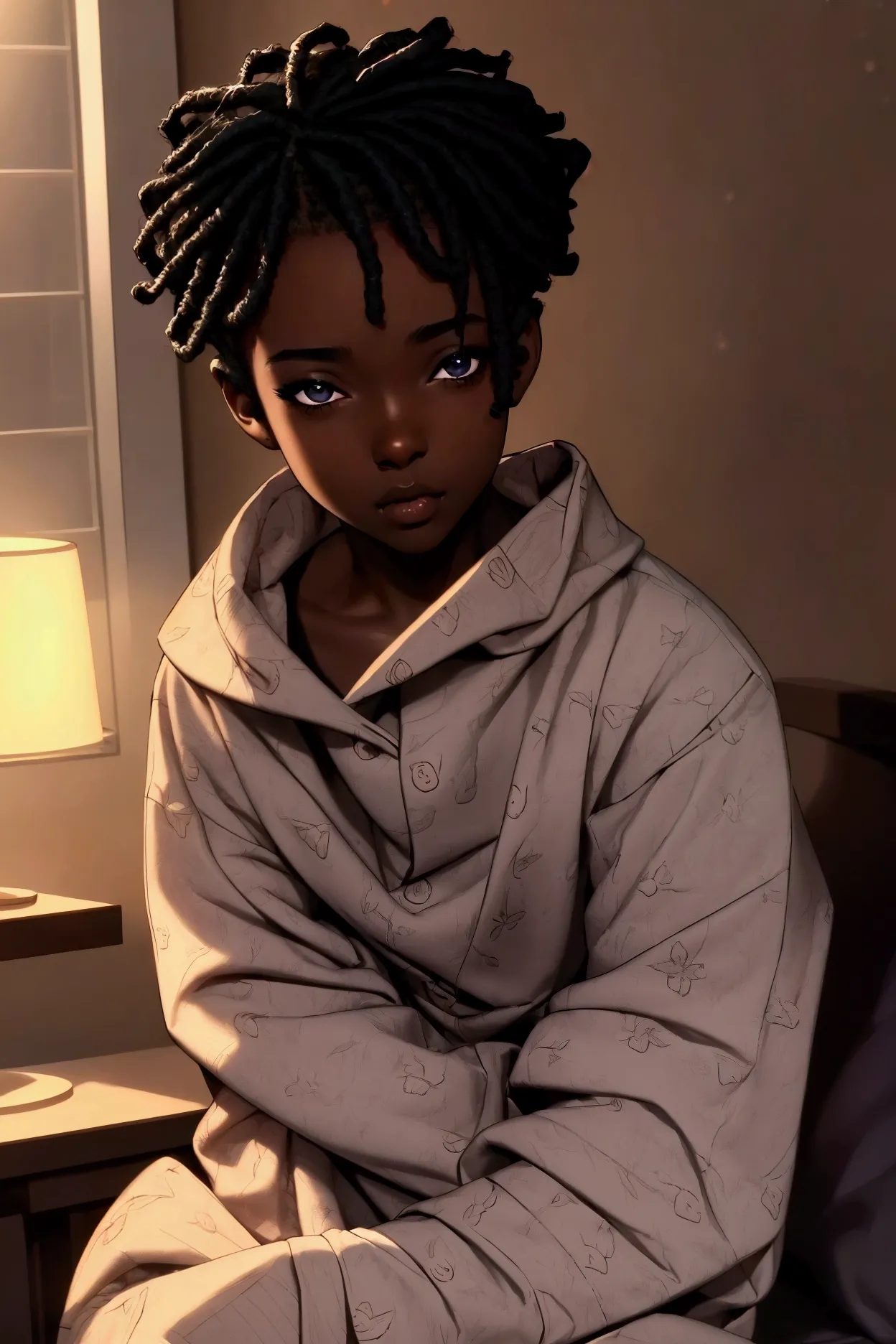 a cute black boy in pajamas, 1 boy, beautiful detailed eyes, beautiful detailed lips, extremely detailed face, long eyelashes, c...