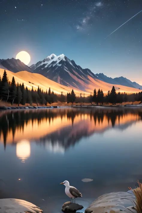 very starry night. a huge moon behind the mountain. a tranquil lake reflects the night. the sunset is accompanied by flying cran...