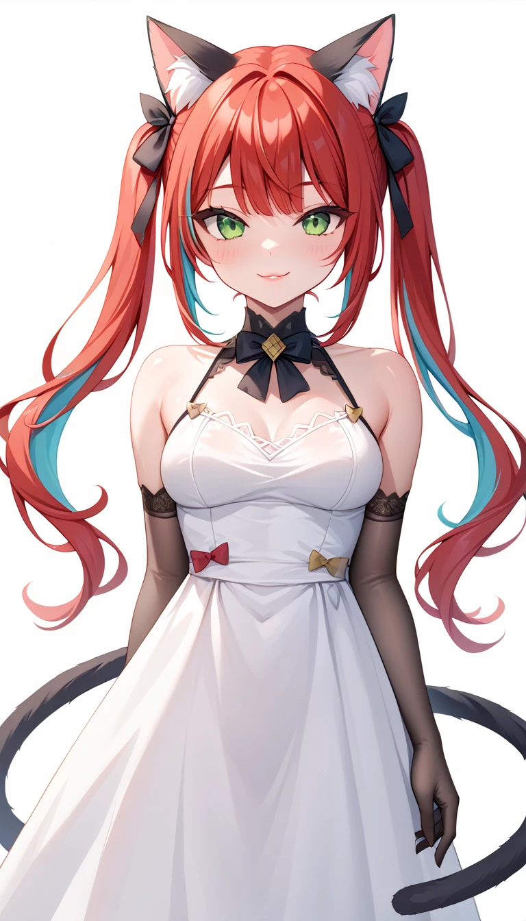 1 Girl, Medium Breasts, Blue Twintails Hair, Red Hair, Two Tone Hair, Split Hair Color, Multi Color Hair, Cyan Highlights In Hair, Twintail Hair Style, Long Hair, Emerald Green Eyes, Pale Skin, Smooth Skin, Soft Features, Nice Lips, Nice Smile, Cute Face, White & Black Royal Dress, Cat Girl, Neko, Cat Ears, Cat Tail, , White & Black Gloves, 