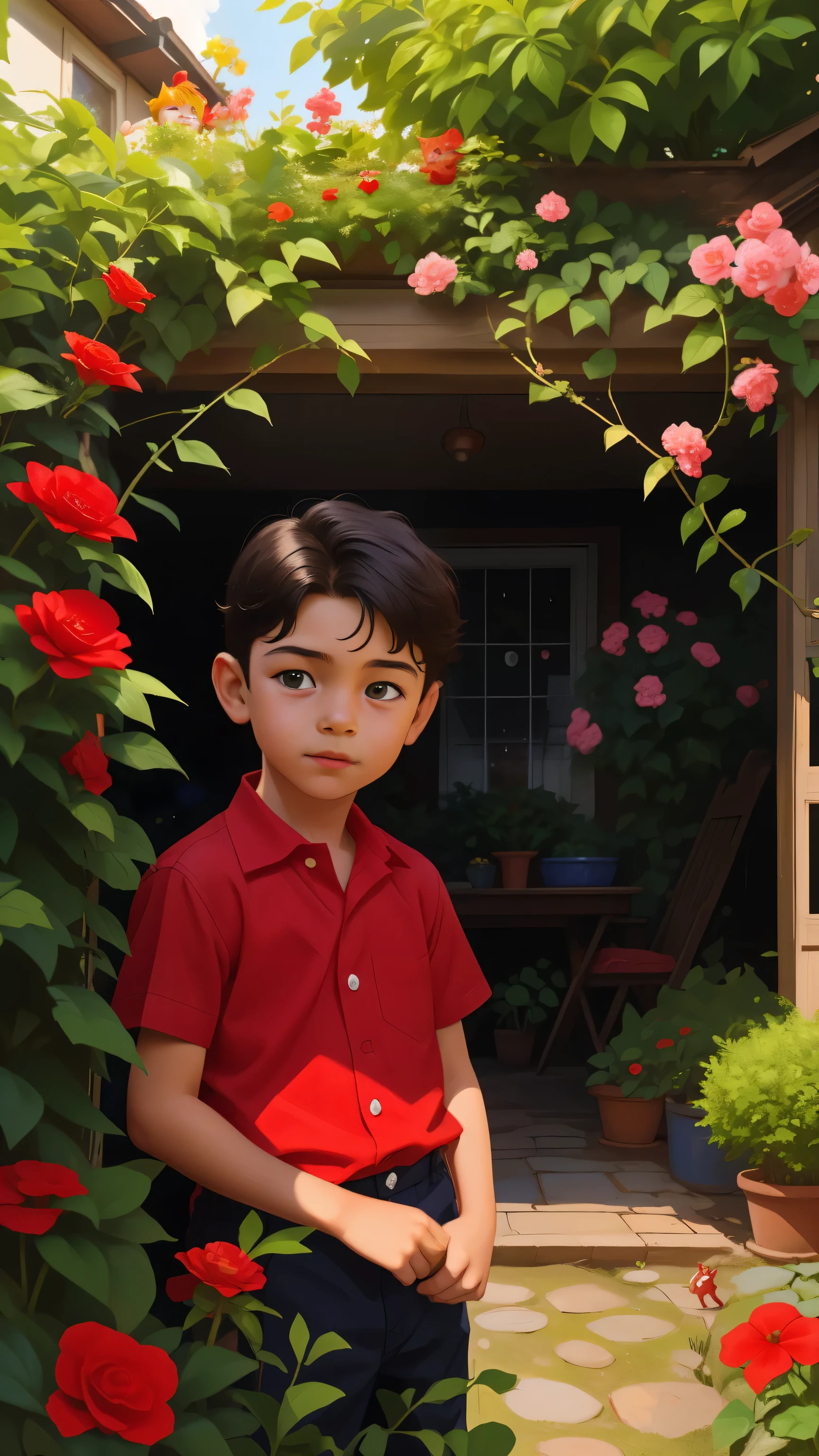 A realistic image of a seven-year-old boy., He wears a red shirt. . His face is childish and exploratory. . He cautiously goes out to the garden of the house and finds a small cat among the bushes and touches it cautiously. ,without looking at the camera, 