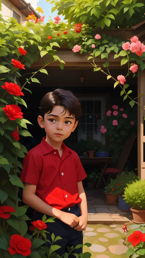 a realistic image of a seven-year-old boy., he wears a red shirt. . his face is childish and exploratory. . he cautiously goes o...