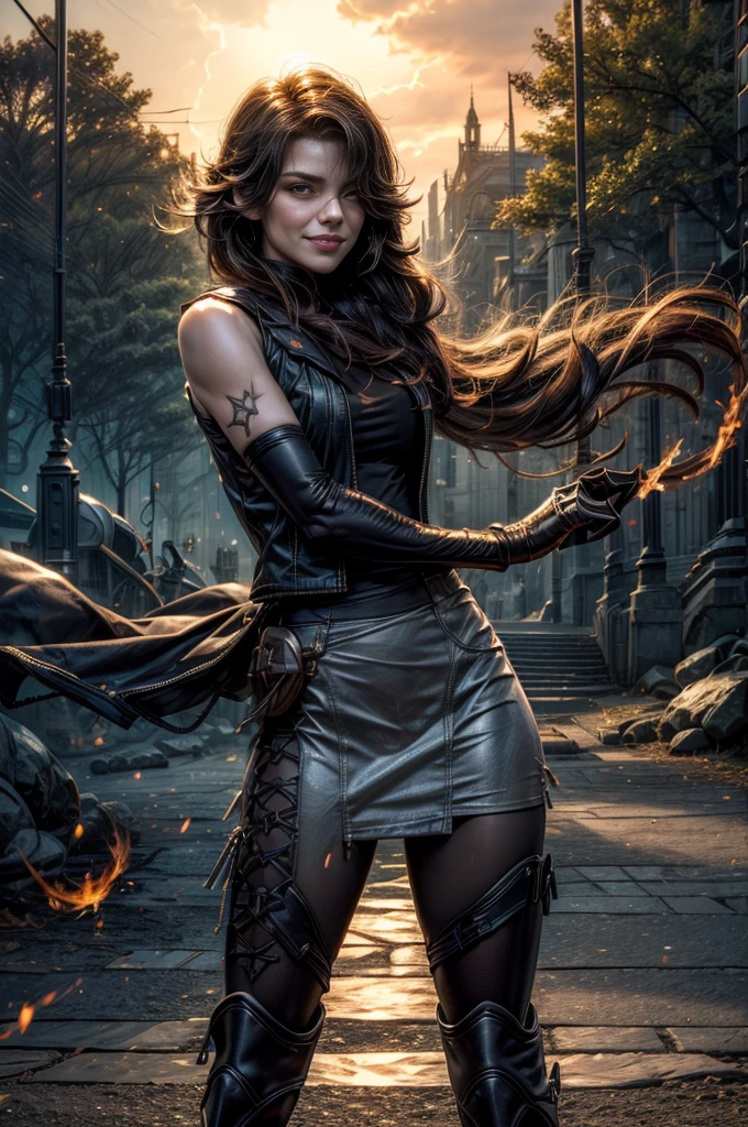 (masterpiece, best quality:1.2), cowboy shot, dynamic pose, solo, 1girl, cinder fall, evil smile, holding flames, looking at viewer, long hair, t-shirt, white skirt, sleeveless jacket, elbow gloves, pantyhose, standing outside huge gothic building, trees, (volumetric lighting), sharp focus, hyper detailed 