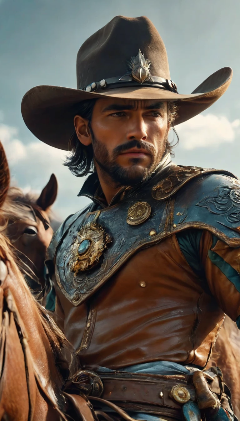 realist:1.3,( fotorrealist, 8k, RAW Photos, Premium quality, masterpiece, epic lighting. close up, Centered image), (foreground),((1 cowboy from the Wild West riding his horse:1.5, Perfectly detailed face and body, (plano general, cuerpo entero de pie a cabeza Centered image:1.4), far west scenario, dynamic pose, beautiful and detailed hair)),aaronsynthxl