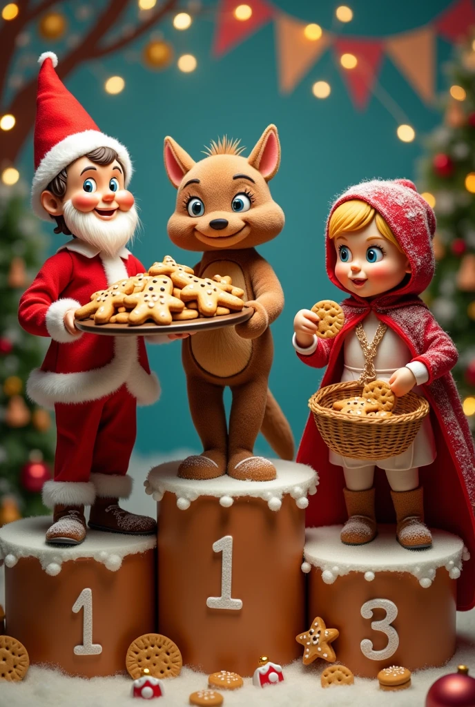 
Imagine this podium:

• First place: A Santa Elf, with a red hat and a white beard, holds a tray with gingerbread cookies shaped like little men. He looks very proud of his creation.

Second place: a big bad wolf, with a mischievous look, holds a basket full of cookies. Behind him, Little Red Riding Hood can be seen with a surprised expression and an empty basket.

Third place: A fairy godmother with a shiny dress, holds a giant cookie and a baby tooth. Around it, small teeth float.