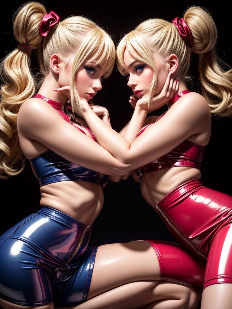 sexy twin girls,blond hair,Space buns,rosa Latexbluse, Latex blouse detailed, hellblaues Latex, rosa Latex, Red shiny patent PVC shoes,perfect face,detailled eyes,Detailed Lips,Detailed hands,longeyelashes,busty,adorable,portrait,High resolution,realisti,studio lighting,Vivid colors,​masterpiece,award-winning photo, ultra detailed,kiss