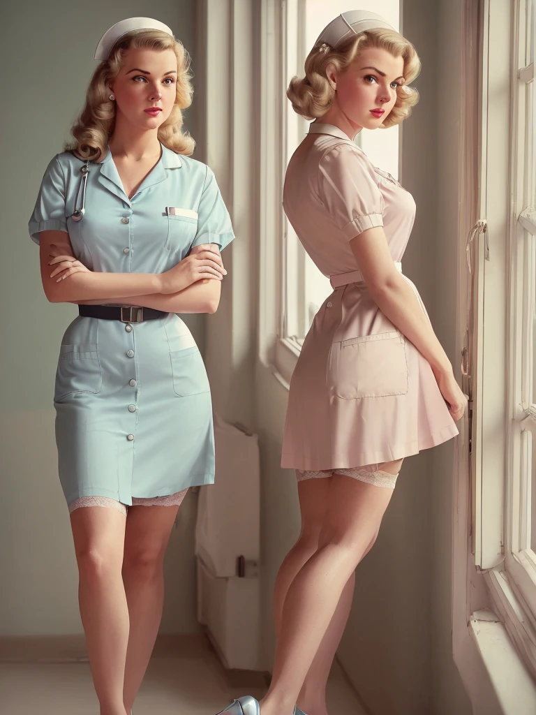 (Full body zoom), (Full body portrait:1.2), (RAW photorealism:1.35), a beautiful young blonde intern nurse in a 1950s hospital, startled hand over mouth, sensual and innocent, slim curvaceous body, (short 1950s nurse uniform dress in pastel colors:1.32), (open neckline buttons, lace), (delicate 1950s garter belt:1.33), (elongated thighs:1.1), small 1950s hospital, standing leaning against the wall in front of an open window, (action: looking furtively through the window curiously:1.44), highly detailed creative image in slightly faded, slightly blurred, slightly grainy tones, cinematic scene with natural lighting, ((1950s pin-up style))