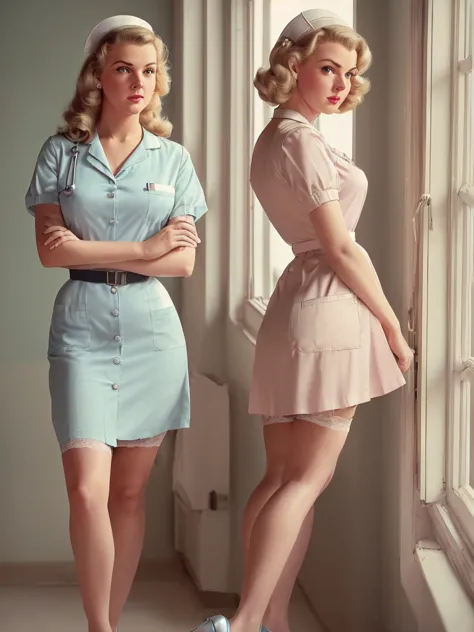 (full body zoom), (full body portrait:1.2), (raw photorealism:1.35), a beautiful young blonde intern nurse in a 1950s hospital, ...