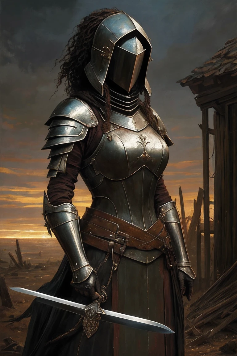 A painting of a woman, mended armor, rags poking through gaps of the armor, no helmet, curly ratty hair, cold eyes, scarred cheeks, emotionless smile, pale, covered in old blood and puss, fraying bandages holding together armor, in a destroyed village, holding a chipped and stained claymore(sword), very dark at night, no reflections, painting of an armored woman, low visibility, renaissance style painting, crude art, starless night, at nighttime, no light, painterly aesthetic, standing off to the side, paint smudges