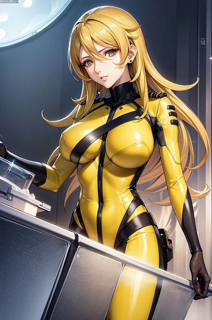 Milf, woman in a futuristic suit, highly detailed face, cool, mom, tomboy, very large breast, (Milf), mature face, (mature female), cybersuit, anime girl wearing tight suit, milfication, Elegant body, navel focus, naked body, gloves, earrings, science fiction, female protagonist, standing, volumetric light, detailed lighting, detailed textures, oppai cyberpunk, biomechanical oppai, masterpiece, (best quality eyes), detailed face, sci-fi background, futuristic landscape, (((yellow body suit))), (chuby), big tits, gold long hair