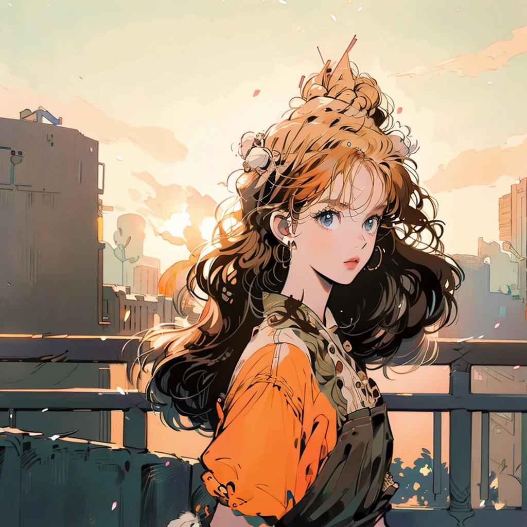 Anime girl with orange hair and glasses standing on balcony, City Girl Fan Art, hair bon, Anime-style illustrations, In anime style, by Ryan Yee, Digital anime illustration, Top Knot Bun, Donut Bun