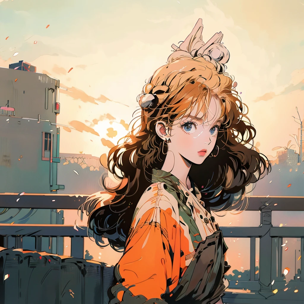 Anime girl with orange hair and glasses standing on balcony, City Girl Fan Art, hair bon, Anime-style illustrations, In anime style, by Ryan Yee, Digital anime illustration, Top Knot Bun, Donut Bun