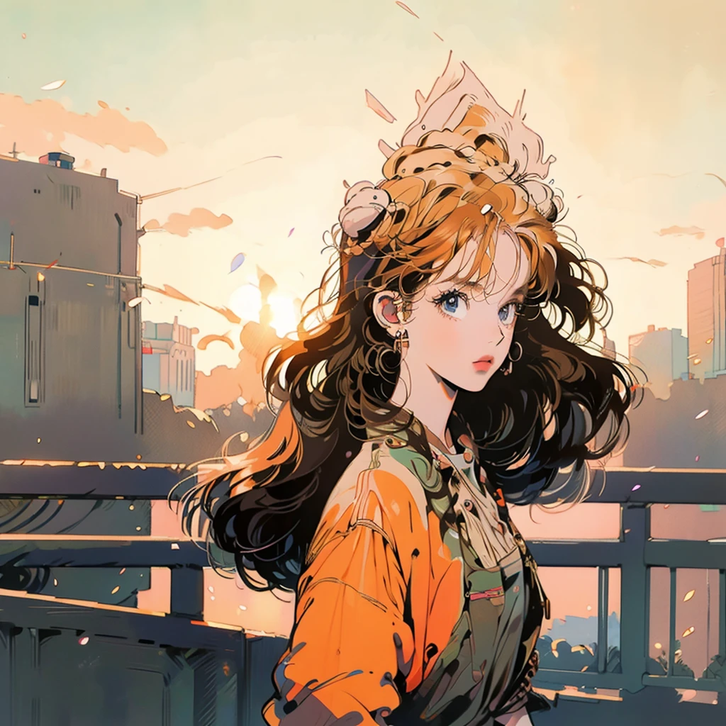 Anime girl with orange hair and glasses standing on balcony, City Girl Fan Art, hair bon, Anime-style illustrations, In anime style, by Ryan Yee, Digital anime illustration, Top Knot Bun, Donut Bun