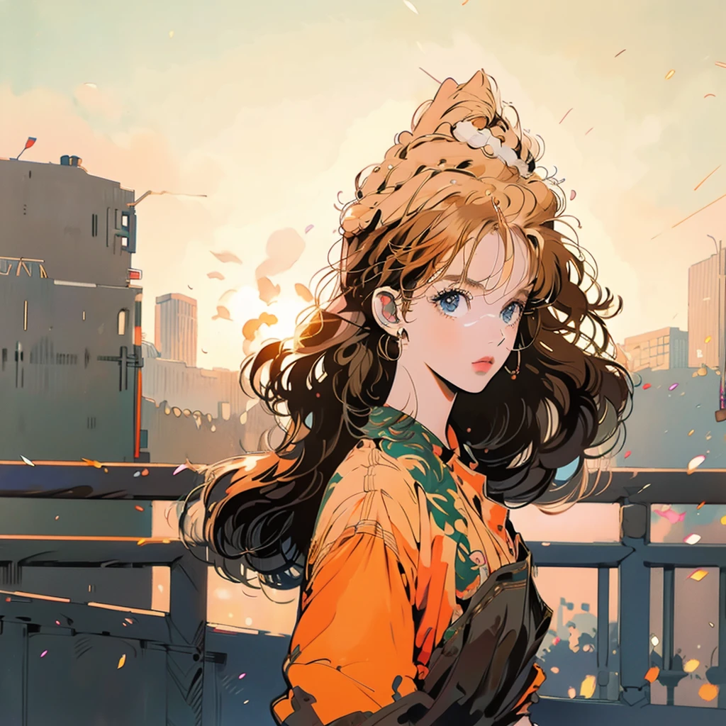 Anime girl with orange hair and glasses standing on balcony, City Girl Fan Art, hair bon, Anime-style illustrations, In anime style, by Ryan Yee, Digital anime illustration, Top Knot Bun, Donut Bun