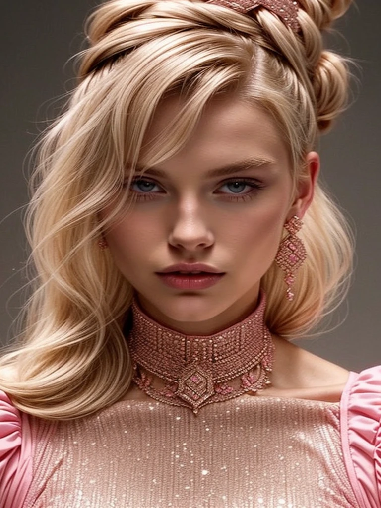 an eye contact of a blond with bun hair and pink theme, big diamond collar, big diamond earrings 