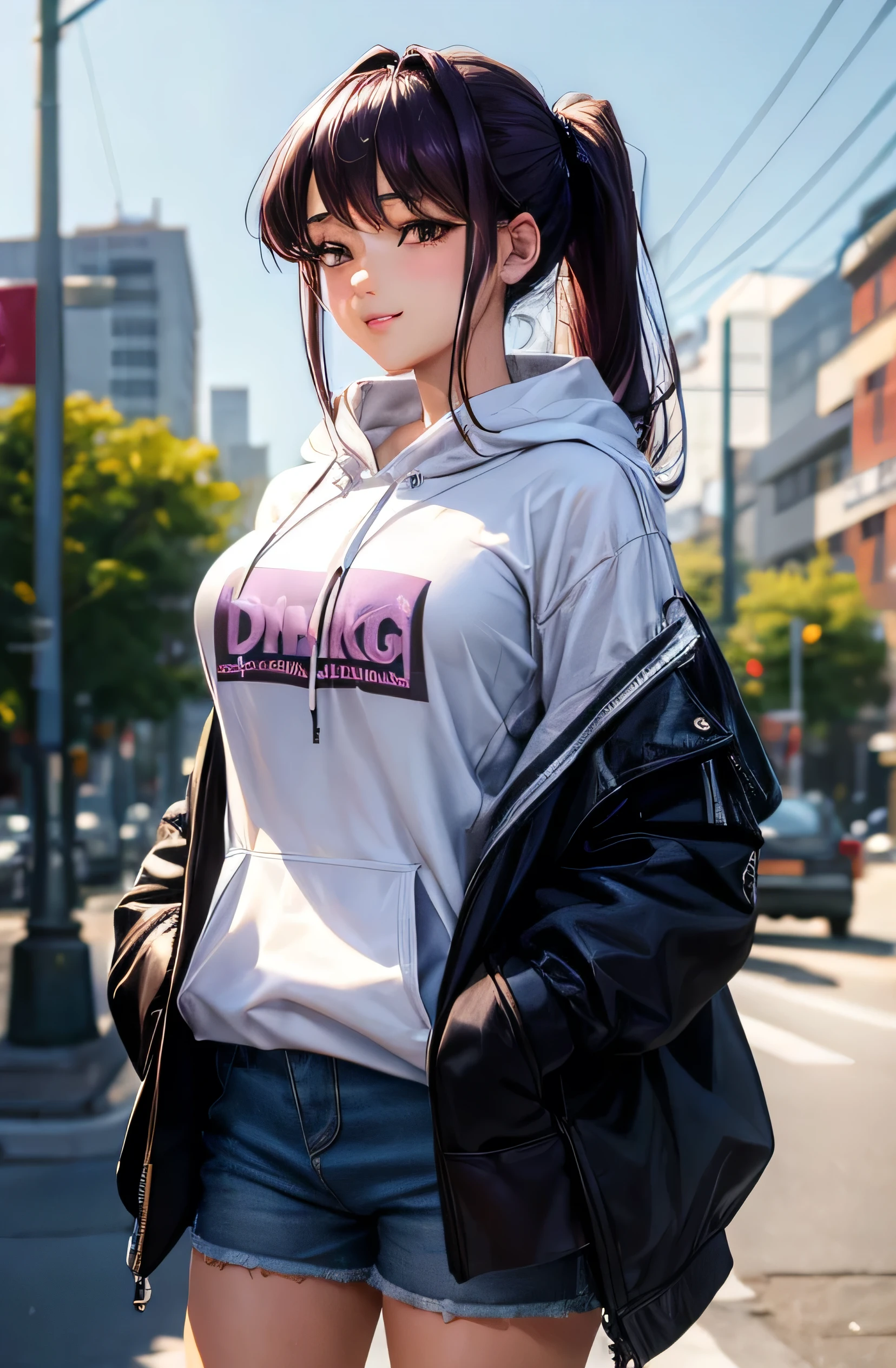 ((best quality)), ((masterpiece)), (detailed), perfect face,(18 years old),(beautiful girl), ponytail,(dark purple hair), cute smile (looking at vivers) on a streat road,( full body view),(detailed lips), perfect head ,(detailed face), wers a white hoodi black Stiles short pant that reaches nee, heads in hoodi pocket,(huge breasts),(perfect  girl), Korean girl 