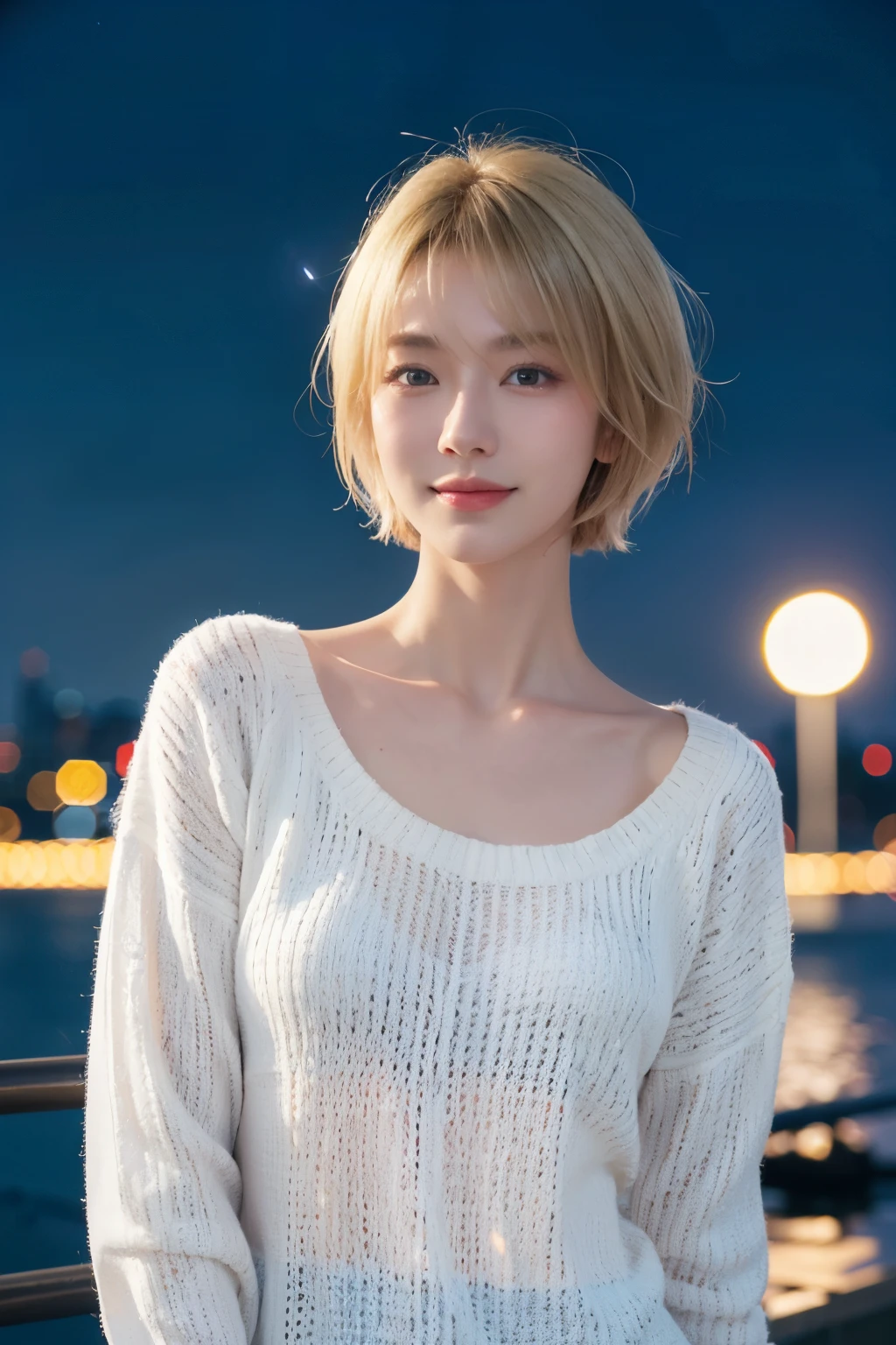 Japanese girl in casual clothes、Observe the audience、Tokyo cityscape at night、(highest quality、masterpiece)))、HD Fine、Very detailed、masterpiece、Cinema Lighting、(8k、highest quality、masterpiece:1.2)、(Realistic、Realistic:1.37) High resolution、Very detailed、A look of silence、Asian, cute, cute顔, alone,Blonde Short Hair 1.2, Textured skin, Beautiful smile, Beautifully detailed night sky, sea view, Cinema Lighting, Written boundary depth, Lens flare light、date、(Blushing your nose)、、(Mouth closed)Small breasts、A beautiful eye for detail、(sweater:1.1)、(Blonde Short Hair:1.2)、Floating Hair Nova Frog Style、