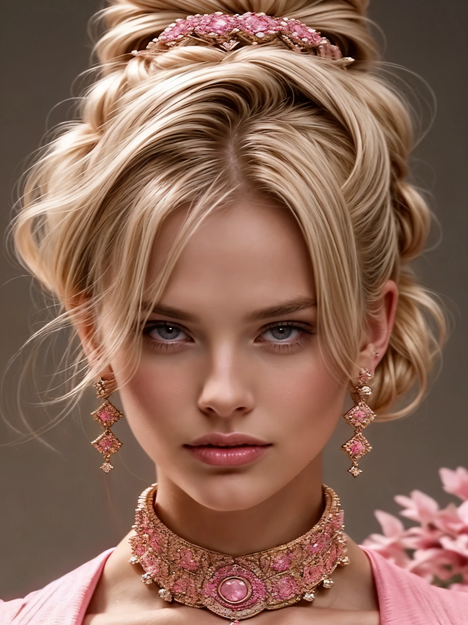 an eye contact of a blond with bun hair and pink theme, big diamond collar, big diamond earrings 