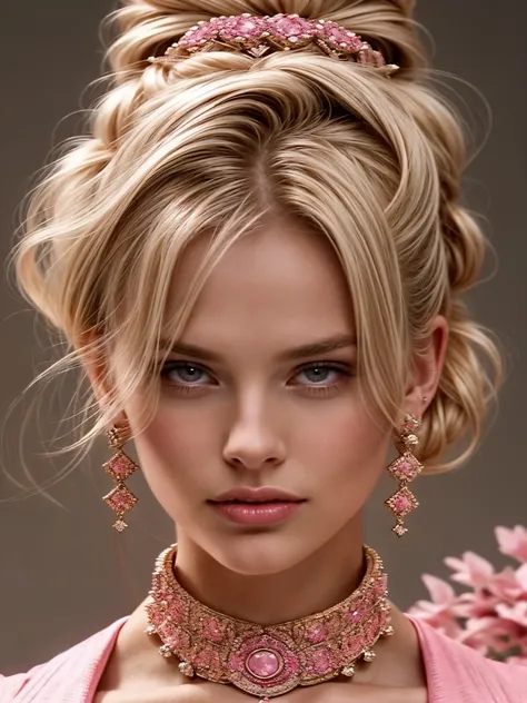 an eye contact of a blond with bun hair and pink theme, big diamond collar, big diamond earrings