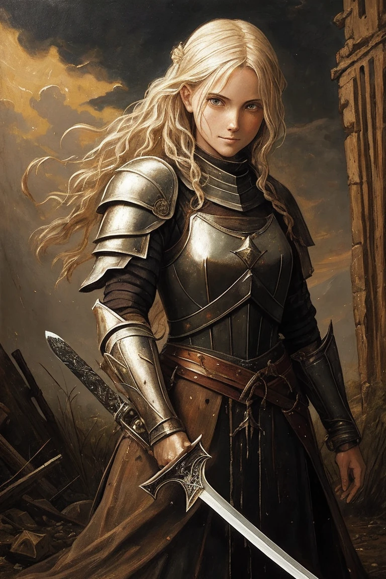 A painting of a young woman, mended armor, rags poking through gaps of the armor, no helmet, curly ratty hair, stern eyes, scarred weathered face, boney cheeks, emotionless smile, pale, covered in old blood and puss, fraying bandages holding together armor, in a destroyed village, holding a chipped and stained claymore(sword), very dark at night, no reflections, low visibility, renaissance style painting, crude art, starless night, at nighttime, no light, painterly aesthetic, standing off to the side, paint smudges, crude painting, very dreary