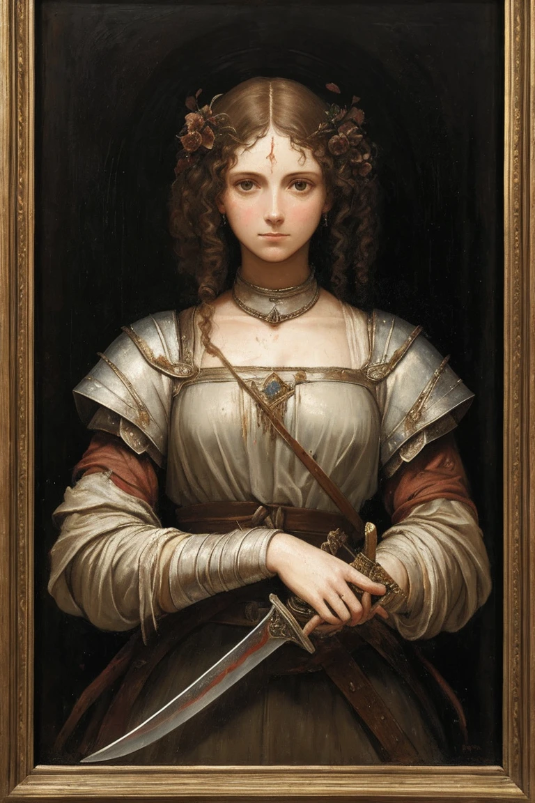 A painting of a woman, mended armor, rags poking through gaps of the armor, no helmet, curly ratty hair, stern eyes, scarred weathered face, boney cheeks, pale, covered in old blood and puss, fraying bandages holding together armor, in a destroyed village, holding a chipped and stained claymore(sword), very dark at night, no reflections, low visibility, renaissance style painting, crude art, starless night, at nighttime, no light, painterly aesthetic, standing off to the side, paint smudges, crude painting, very dreary, classic oil painting