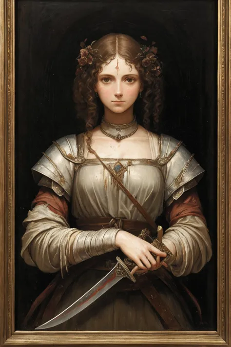 a painting of a woman, mended armor, rags poking through gaps of the armor, no helmet, curly ratty hair, stern eyes, scarred wea...