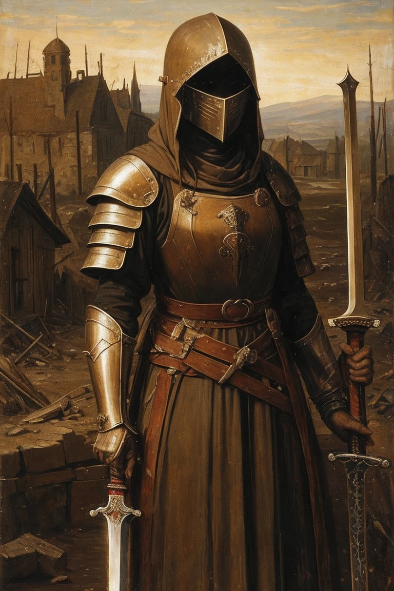 A painting of a woman, mid 30s, mended armor, rags poking through gaps of the armor, no helmet, curly ratty hair, stern eyes, scarred weathered face, boney cheeks, pale, covered in old blood and puss, fraying bandages holding together armor, in a destroyed village, holding a chipped and stained claymore(sword), very dark at night, no reflections, low visibility, renaissance style painting, crude art, starless night, at nighttime, no light, painterly aesthetic, standing off to the side, paint smudges, crude painting, very dreary, classic oil painting