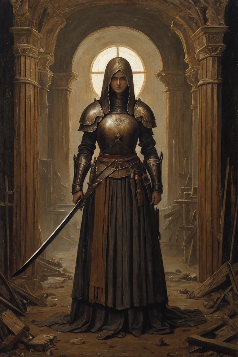 A painting of a woman, mid 30s, mended armor, rags poking through gaps of the armor, no helmet, curly ratty hair, stern eyes, scarred weathered face, boney cheeks, pale, covered in old blood and puss, fraying bandages holding together armor, in a destroyed village, holding a chipped and stained claymore(sword), very dark at night, no reflections, low visibility, renaissance style painting, crude art, starless night, at nighttime, no light, painterly aesthetic, standing off to the side, paint smudges, crude painting, very dreary, classic oil painting