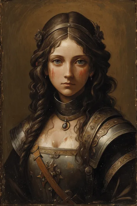 a painting of a woman, mid 30s, mended armor, rags poking through gaps of the armor, no helmet, curly ratty hair, stern eyes, sc...