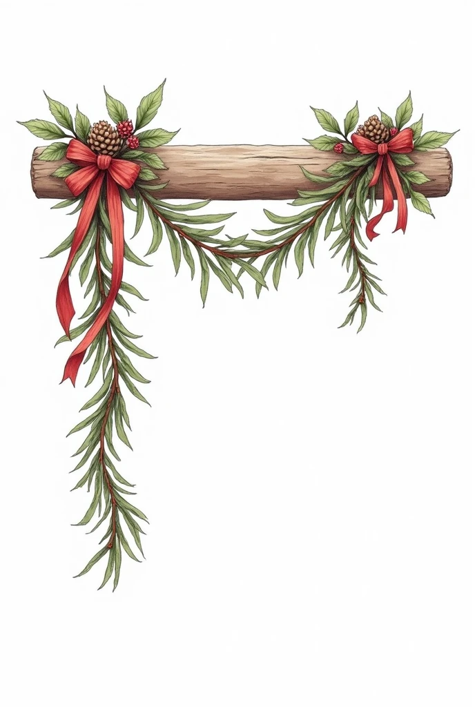 A lovely garland made from ribbons, pinecones, and leaves, draped across a rustic wooden beam or mantel,anime,one line,clean and minimalistic line,line drawing style, pure white background. 