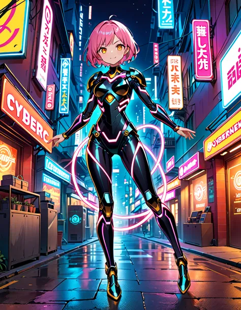 (((masterpiece, best quality, 16k))) female character with short pink hair and golden eyes. she wears a cybernetic armor in neon...