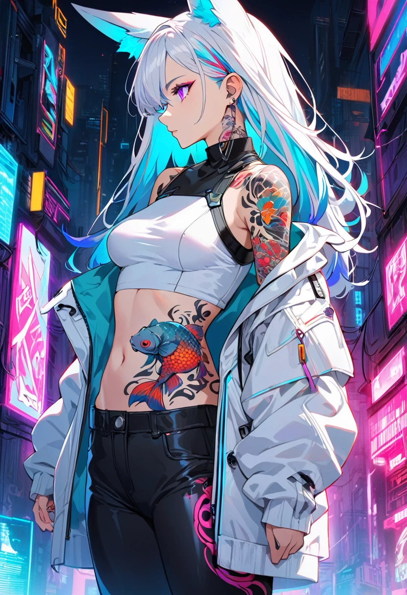 1woman, long white hair with pink and cyan tips,Muticolored hair, fox ears, purple eyes, wearing a white coat, wearing black pants, wearing white undershirt, tattoos on arms,  colorful koi tattoos, showing body, medium breasts, cyberpunk, profile picture perspective, neon, loose hair