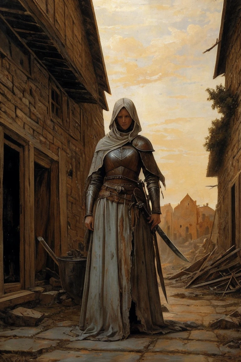 A painting of a woman, mid 30s, tired, crazed cold eyes, mended armor, rags poking through gaps of the armor, bandages, no helmet, curly ratty hair, stern eyes, scarred weathered face, boney cheeks, pale, covered in old blood and puss, fraying bandages holding together armor, in a destroyed village, holding a chipped and stained claymore(sword), very dark at night, no reflections, low visibility, renaissance style painting, crude art, starless night, at nighttime, no light, painterly aesthetic, standing off to the side, paint smudges, crude painting, very dreary, classic oil painting, the sky is charcoal