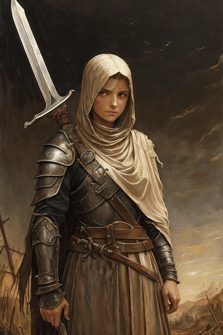 A painting of a woman, mid 30s, tired, crazed cold eyes, mended armor, rags poking through gaps of the armor, bandages, no helmet, curly ratty hair, stern eyes, scarred weathered face, boney cheeks, pale, covered in old blood and puss, fraying bandages holding together armor, in a destroyed village, holding a chipped and stained claymore(sword), very dark at night, no reflections, low visibility, renaissance style painting, crude art, starless night, at nighttime, no light, painterly aesthetic, standing off to the side, paint smudges, crude painting, very dreary, classic oil painting, the sky is charcoal