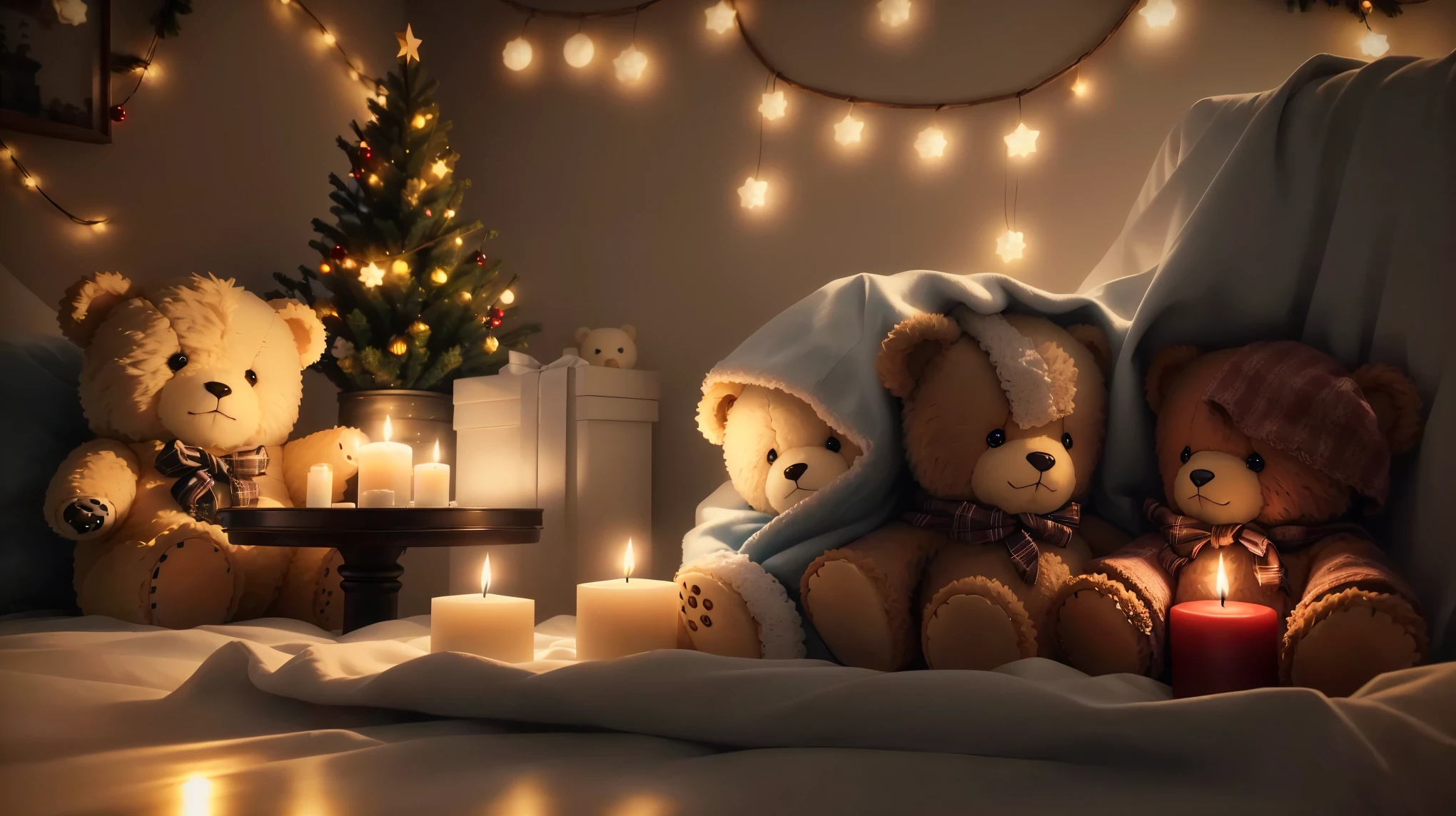 There are two teddy bears sitting on a blanket with a candle, Cozy candlelight, Cozy home background, cozy wallpaper, Cute 3D rendering, v-rayでレンダリング, Cozy environment, Cozy atmosphere, Christmas Night, Pleasant lighting, Night atmosphere, Cozy atmosphere, Vray 8K Rendering, Unreal Engine ; Romantic Theme, Realistic soft lighting, Highly detailed soft lighting、Cute Animals