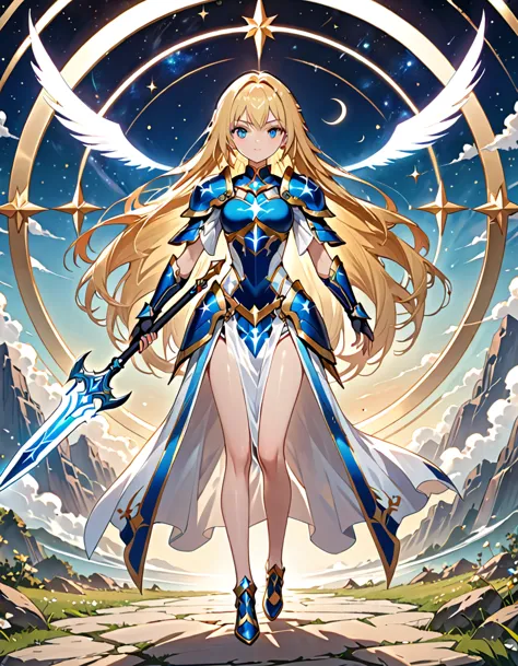 (((masterpiece, best quality, 16k))) female character with long blonde hair and bright blue eyes. she wears a celestial armor in...