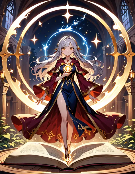 (((masterpiece, best quality, high detailed, 16k))) (1girl) a powerful sorceress with long, cascading hair that transitions from...