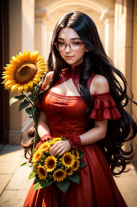 beautiful girl with glasses, long black hair, bouquet of sunflower and red roses, bright colors, smiling, 8k quality, cinematic ...