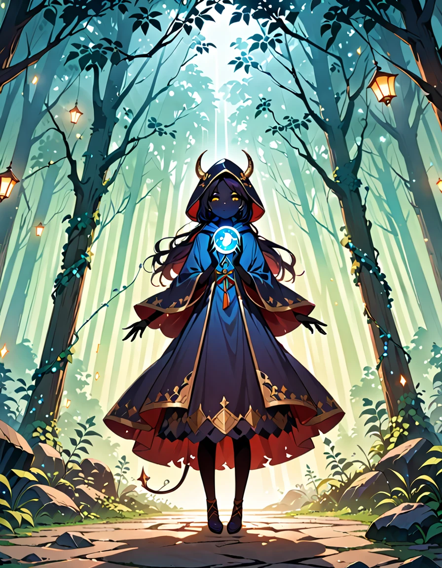 ((full body shot)) of a girl in a dark hooded cloak and a mage hat, standing in a completely dark environment. She is holding a glowing orb of energy in her hands, which emits a soft, ethereal light. Surrounding her are numerous small lights in shades of {blue|purple}, casting a faint glow similar to candlelight. The only illumination comes from the orb and the particles around her. The atmosphere is {mysterious|otherworldly}, with a misty haze drifting around her feet. The ground beneath her is reflective, creating a mirrored effect that adds to the surreal ambiance. Subtle textures of ancient, worn stones and creeping vines can be seen in the background, hinting at a hidden, mystical place. The scene is quiet and enigmatic, with the girl's face partially obscured by the hood, her eyes focused intently on the luminous orb. She holds an intricately designed staff made of wood with metallic parts and embedded jewels. [Best quality], [Masterpiece], [Ultra-detailed], [4k], {serene|intense} atmosphere, {mystical forest|ancient ruins}, {dynamic pose|relaxed pose}, complete darkness, {soft shadows|dramatic lighting}, {reflected light on the ground:0.7}, {misty haze:0.6}, {glowing plants:0.5}, {creeping vines:0.4}, {ancient stones:0.3}. (devil:1.3), (pure black skin:1.3), (dynamic angle:1.2).